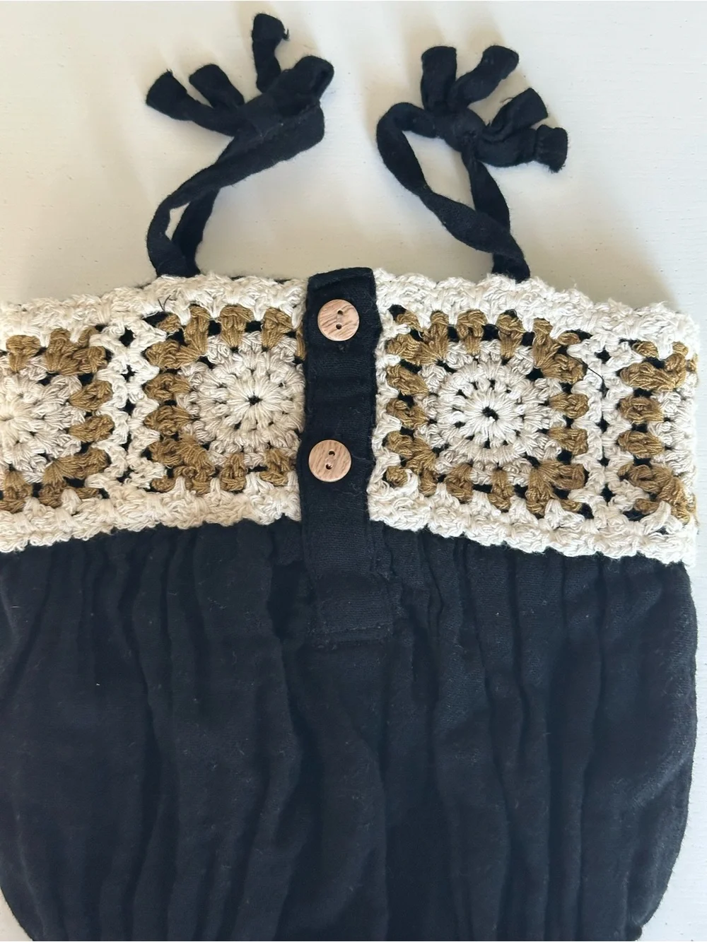 Old Navy Black Romper with Cream and Tan Crochet Trim
